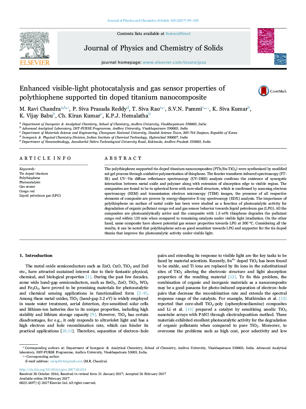 Enhanced visible-light photocatalysis and gas sensor properties of polythiophene supported tin doped titanium nanocomposite