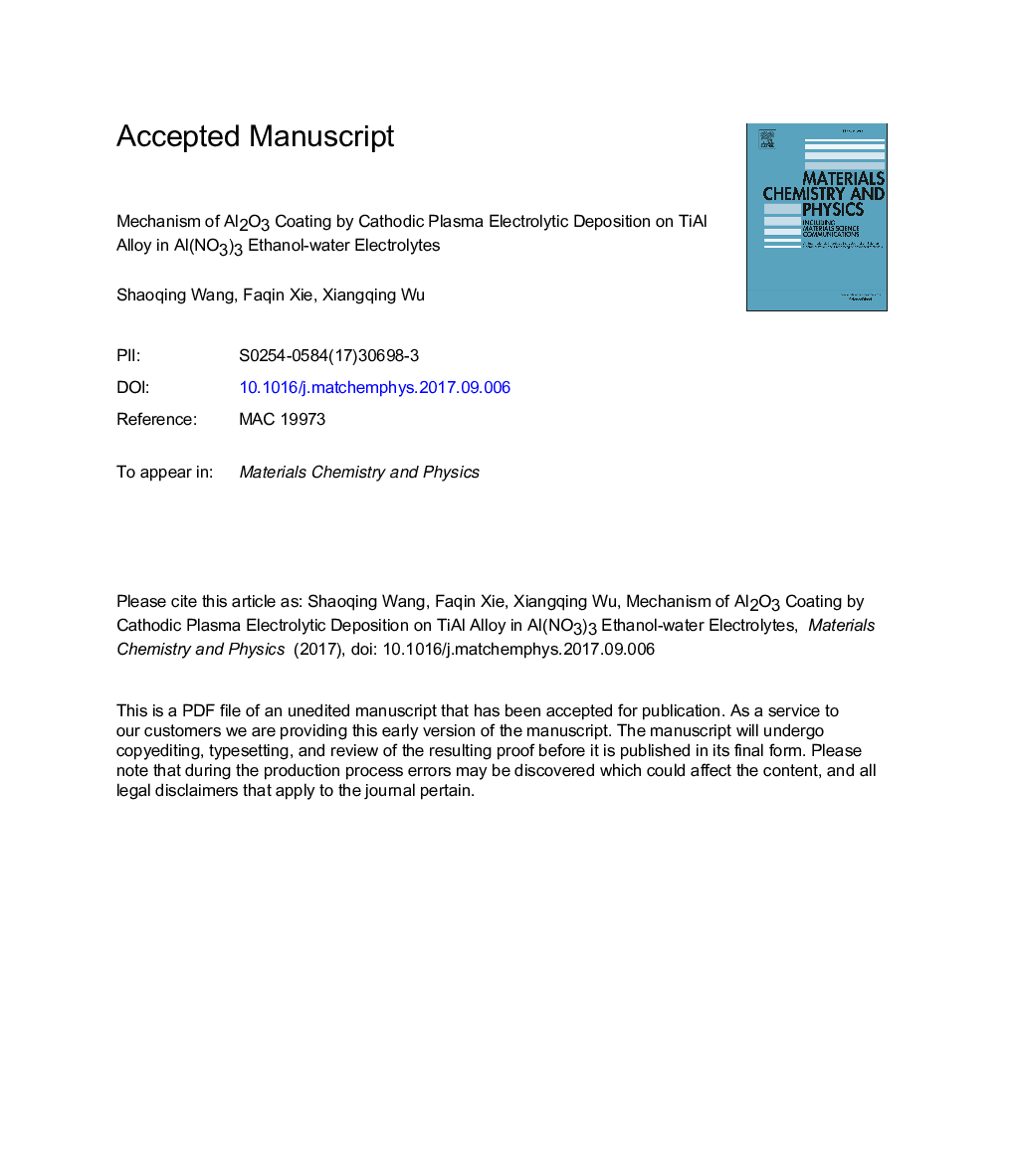 Mechanism of Al2O3 coating by cathodic plasma electrolytic deposition on TiAl alloy in Al(NO3)3 ethanol-water electrolytes