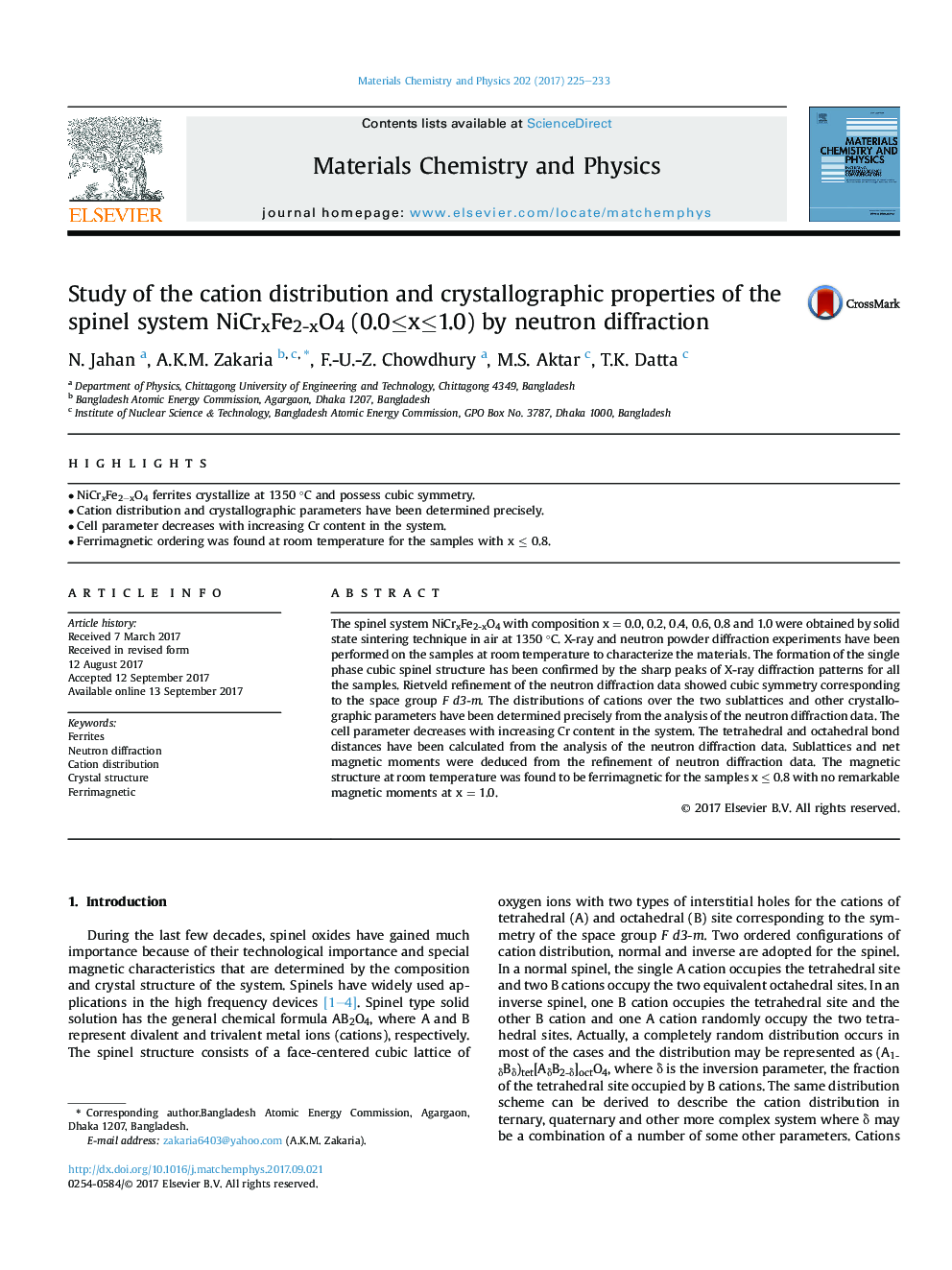 Study of the cation distribution and crystallographic properties of the spinel system NiCrxFe2-xO4 (0.0â¤xâ¤1.0) by neutron diffraction