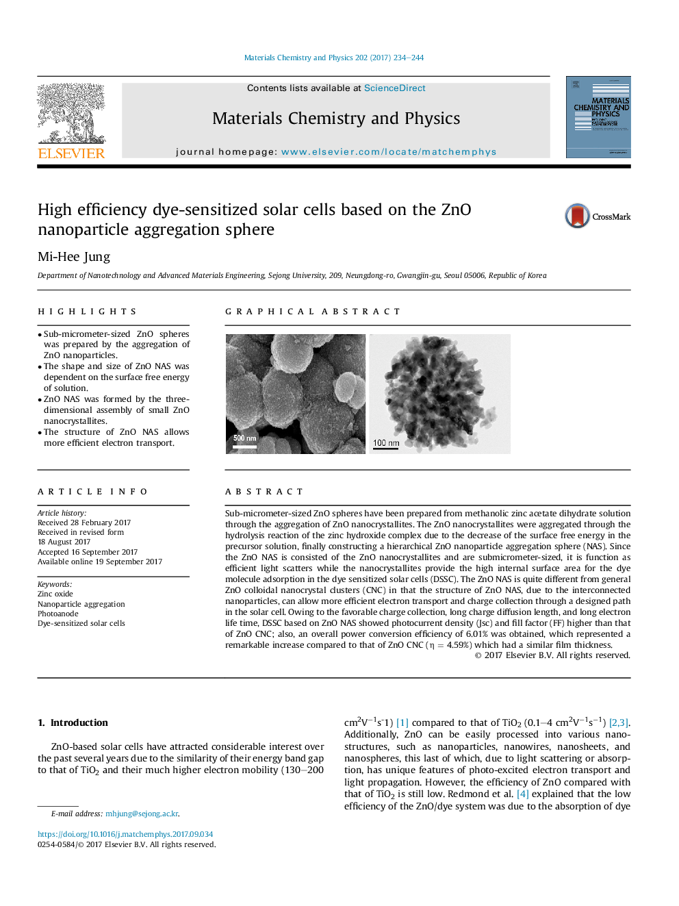 High efficiency dye-sensitized solar cells based on the ZnO nanoparticle aggregation sphere