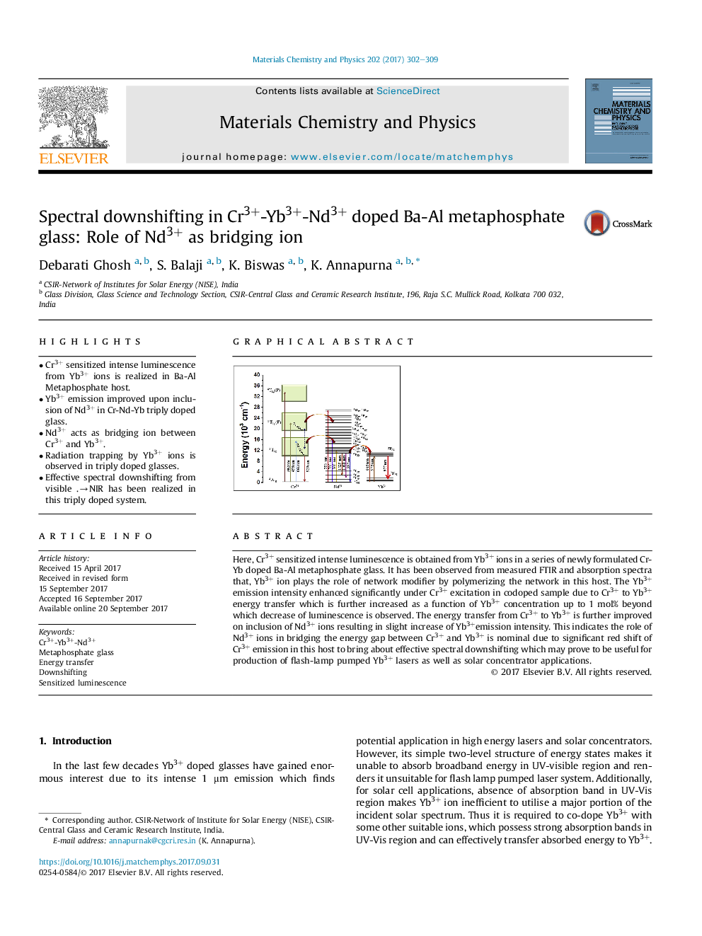 Spectral downshifting in Cr3+-Yb3+-Nd3+ doped Ba-Al metaphosphate glass: Role of Nd3+ as bridging ion