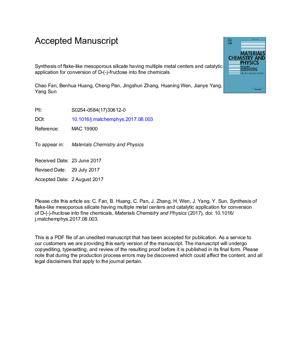 Synthesis of flake-like mesoporous silicate having multiple metal centers and catalytic application for conversion of D-(-)-fructose into fine chemicals