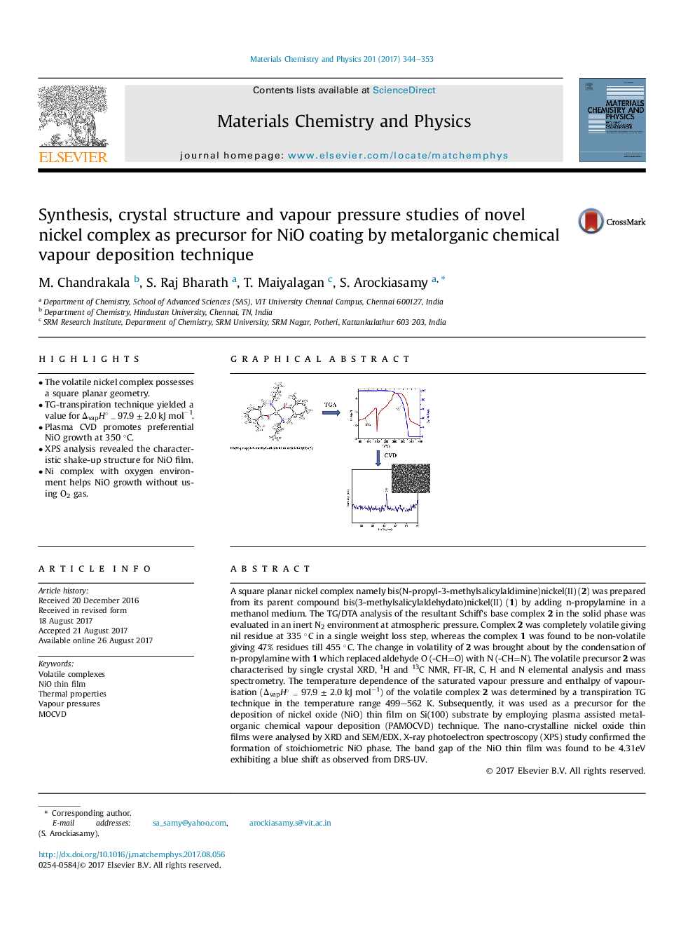 Synthesis, crystal structure and vapour pressure studies of novel nickel complex as precursor for NiO coating by metalorganic chemical vapour deposition technique