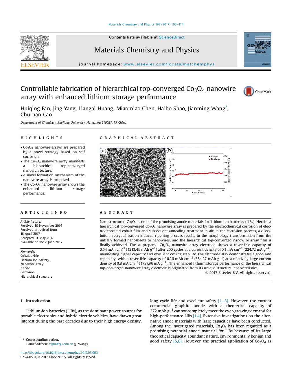 Controllable fabrication of hierarchical top-converged Co3O4 nanowire array with enhanced lithium storage performance