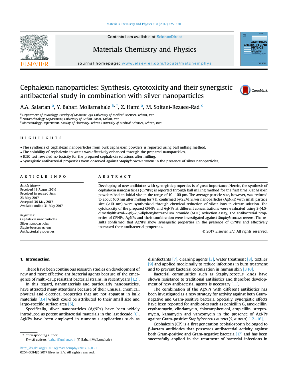 Cephalexin nanoparticles: Synthesis, cytotoxicity and their synergistic antibacterial study in combination with silver nanoparticles