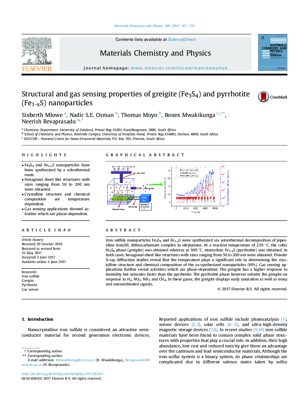 Structural and gas sensing properties of greigite (Fe3S4) and pyrrhotite (Fe1-xS) nanoparticles