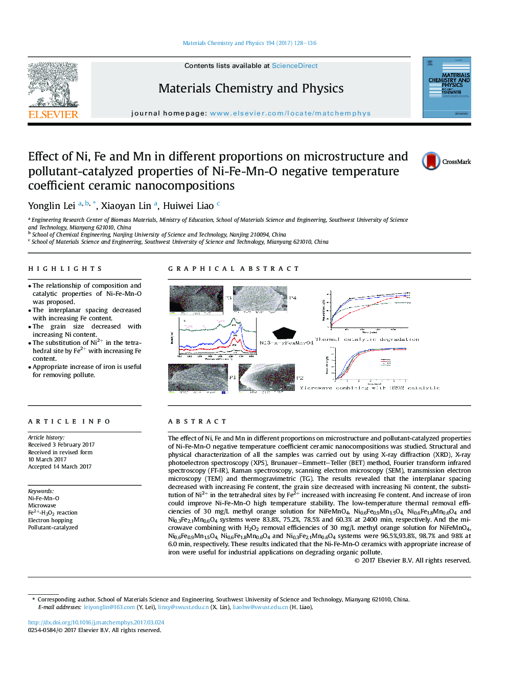 Effect of Ni, Fe and Mn in different proportions on microstructure and pollutant-catalyzed properties of Ni-Fe-Mn-O negative temperature coefficient ceramic nanocompositions