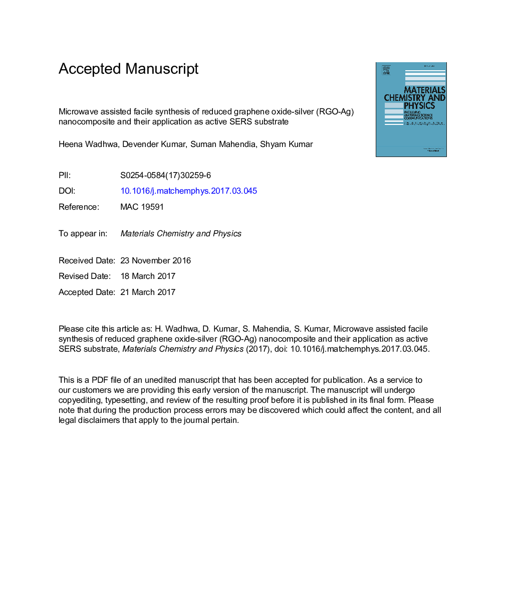 Microwave assisted facile synthesis of reduced graphene oxide-silver (RGO-Ag) nanocomposite and their application as active SERS substrate