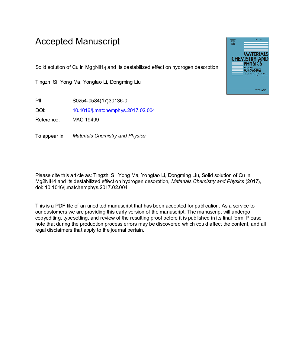 Solid solution of Cu in Mg2NiH4 and its destabilized effect on hydrogen desorption