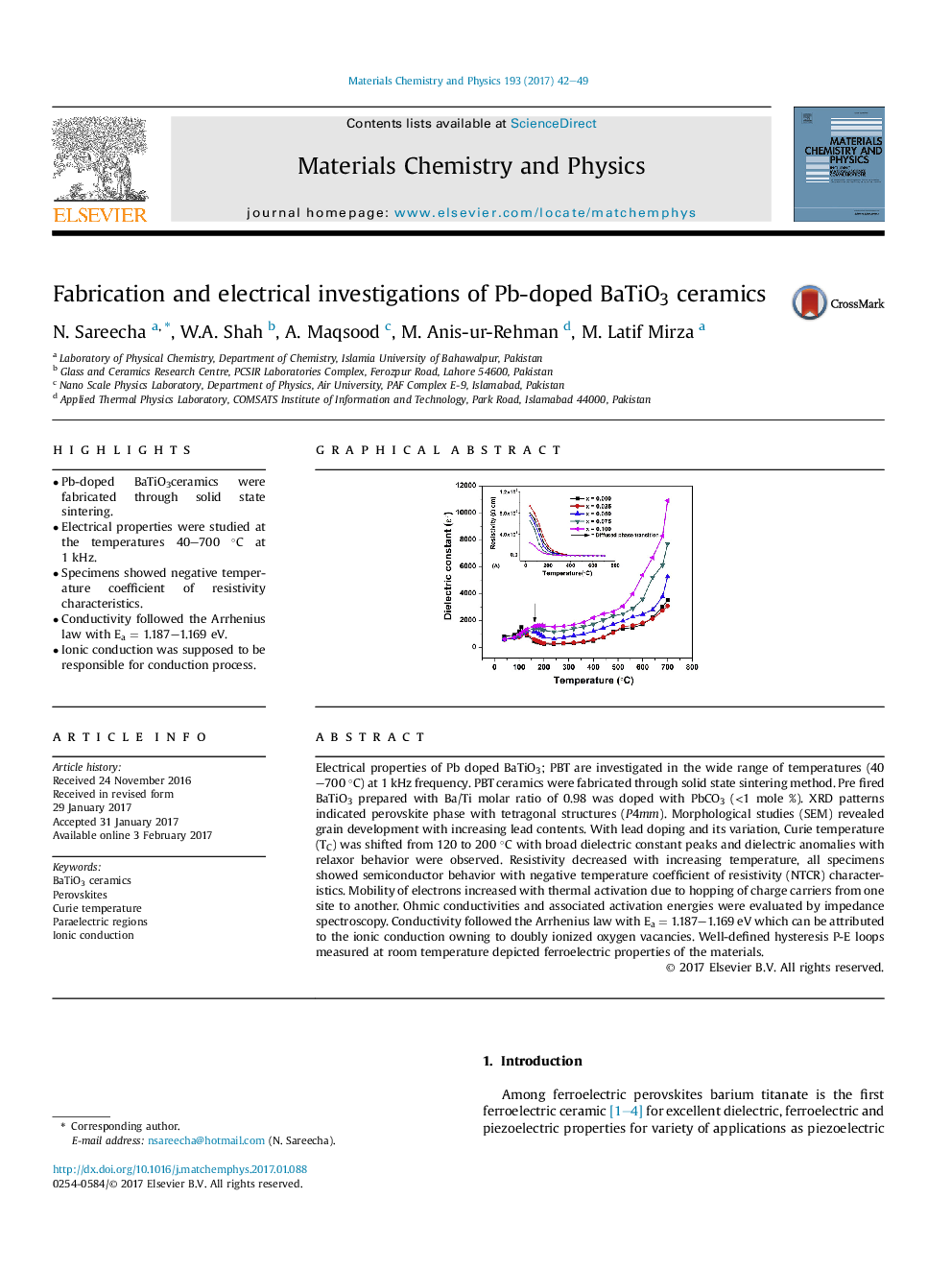 Fabrication and electrical investigations of Pb-doped BaTiO3 ceramics