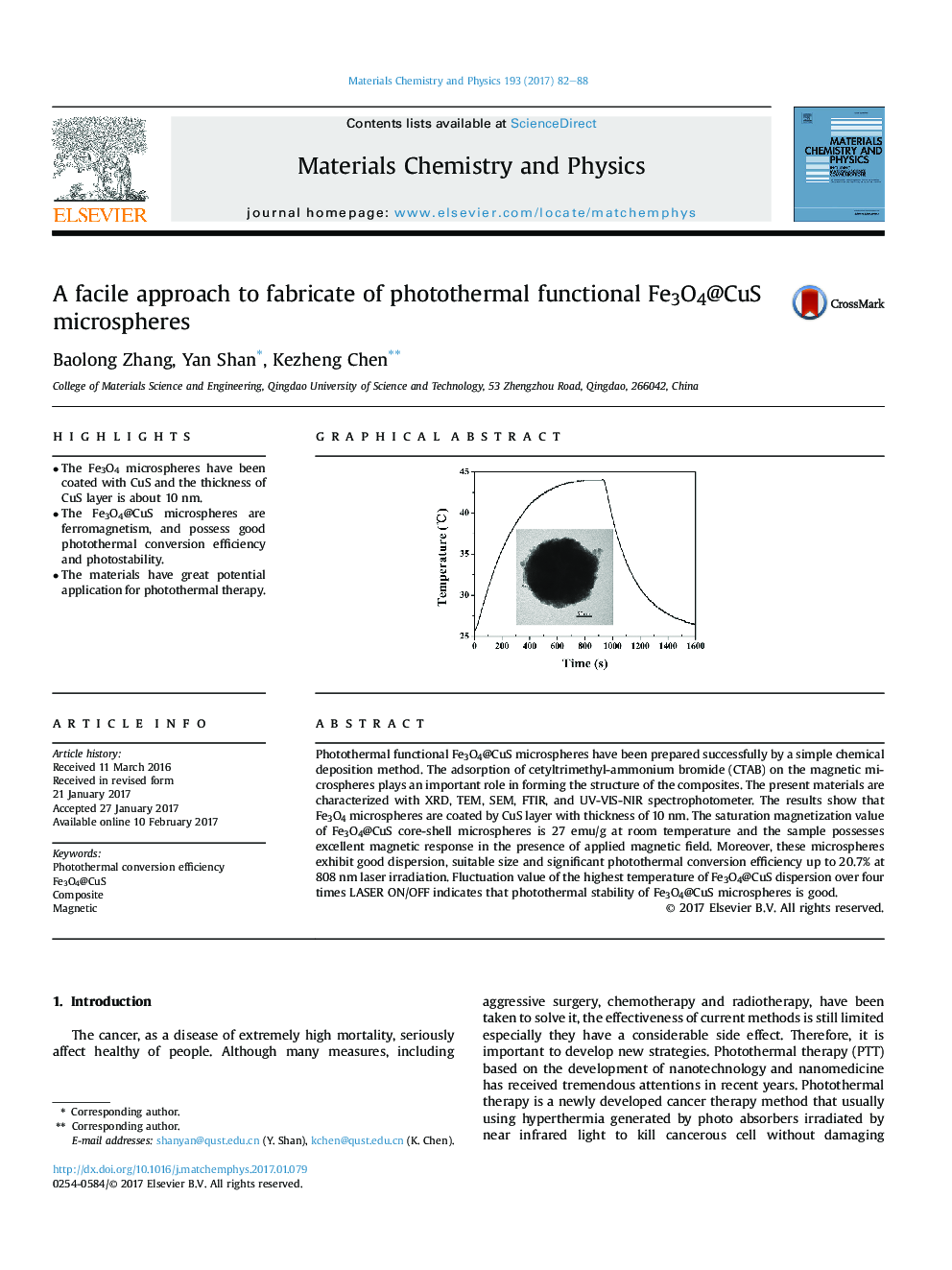 A facile approach to fabricate of photothermal functional Fe3O4@CuS microspheres