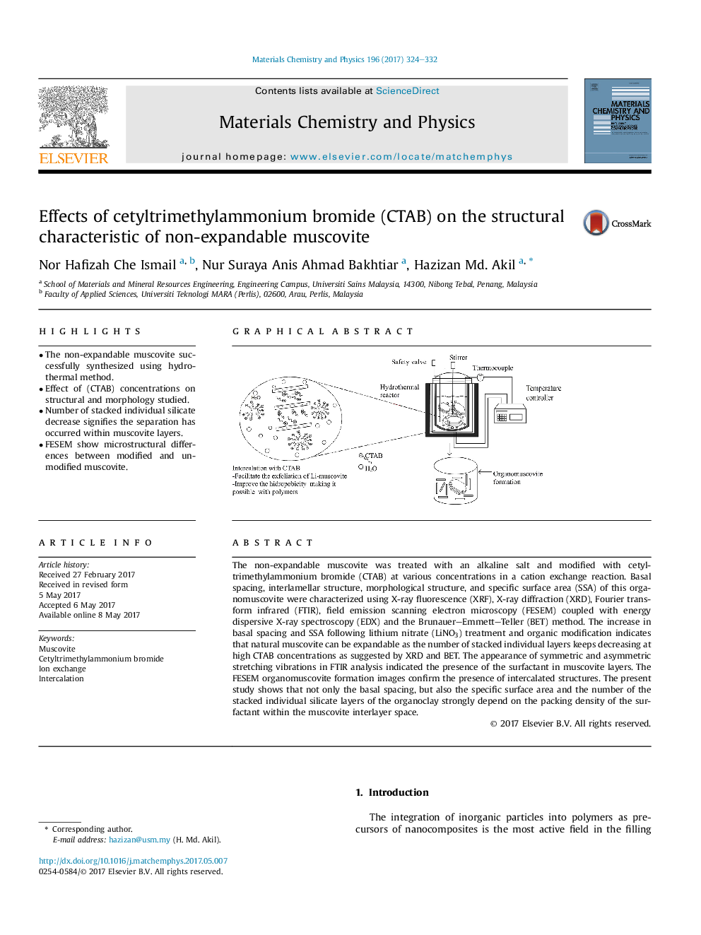 Effects of cetyltrimethylammonium bromide (CTAB) on the structural characteristic of non-expandable muscovite