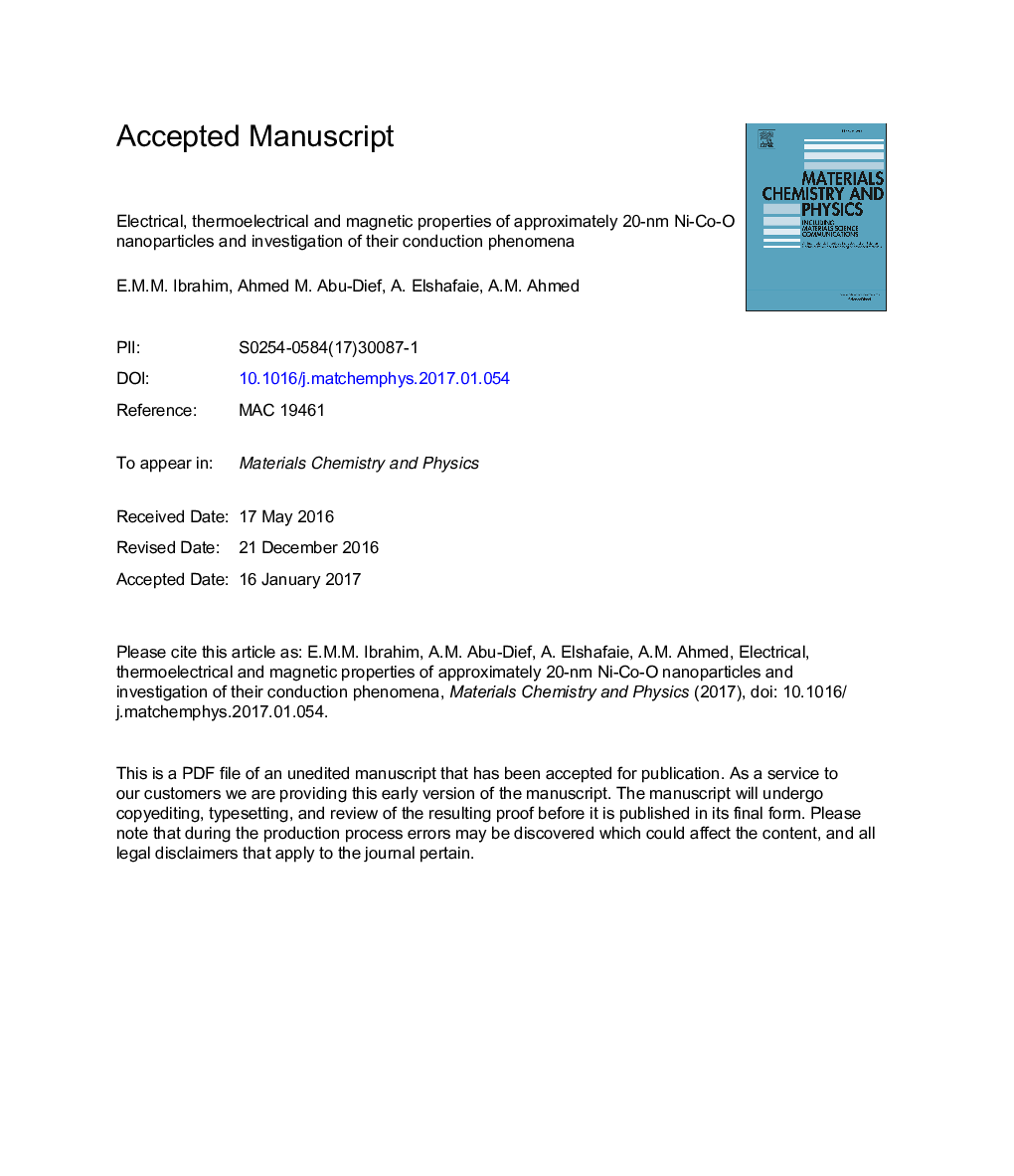 Electrical, thermoelectrical and magnetic properties of approximately 20-nm Ni-Co-O nanoparticles and investigation of their conduction phenomena