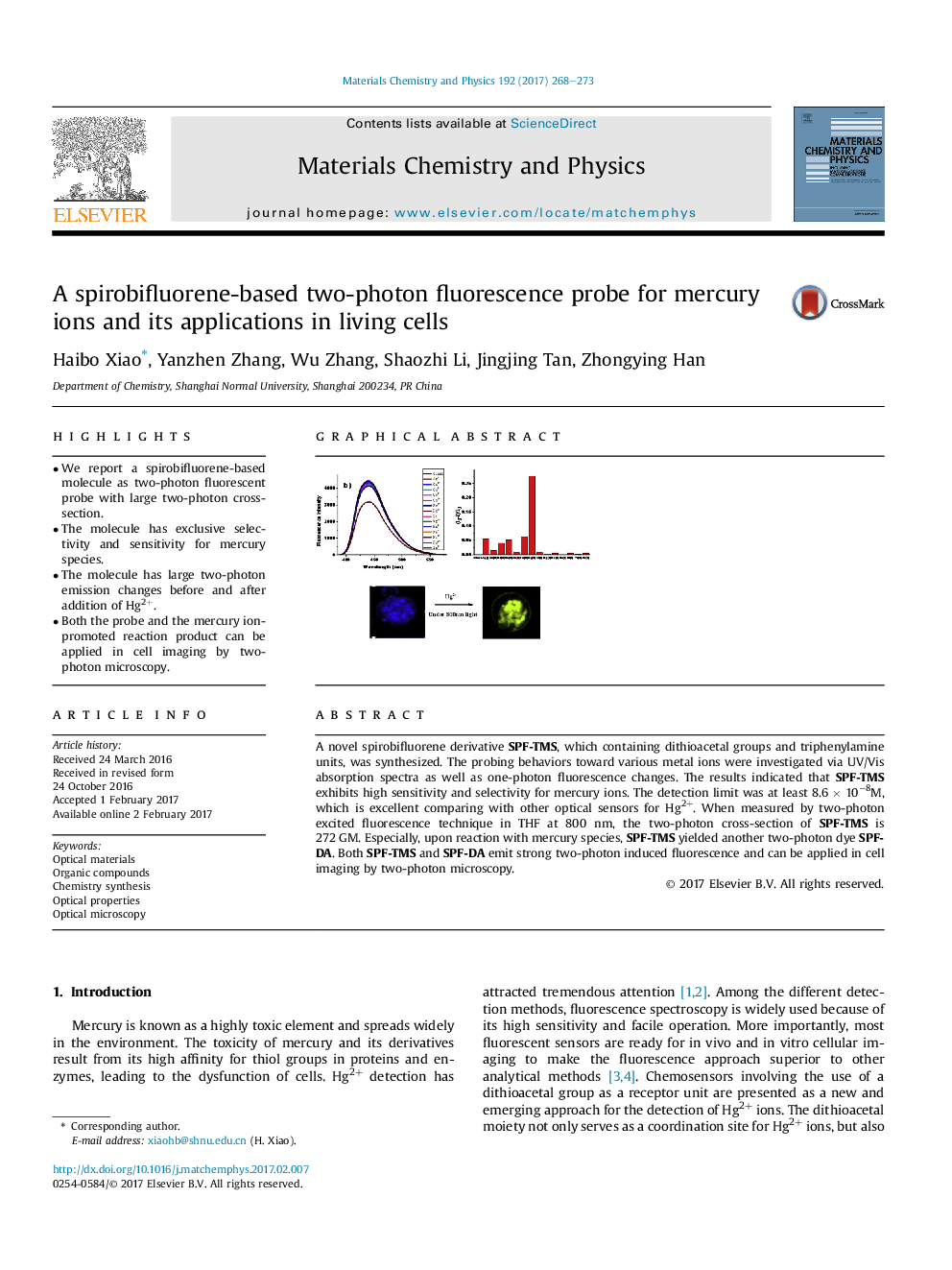 A spirobifluorene-based two-photon fluorescence probe for mercury ions and its applications in living cells