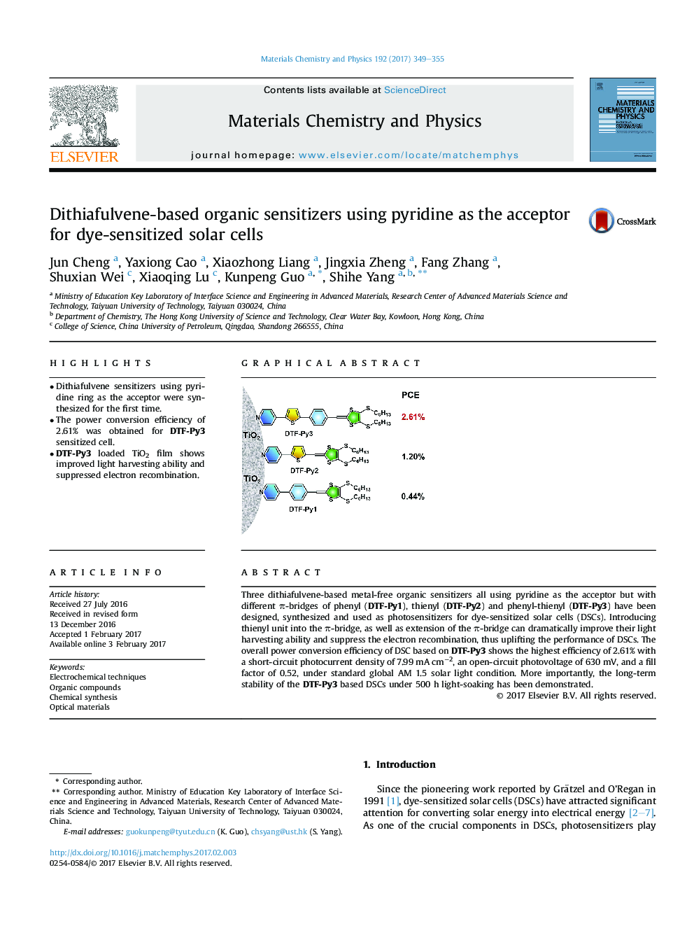 Dithiafulvene-based organic sensitizers using pyridine as the acceptor for dye-sensitized solar cells