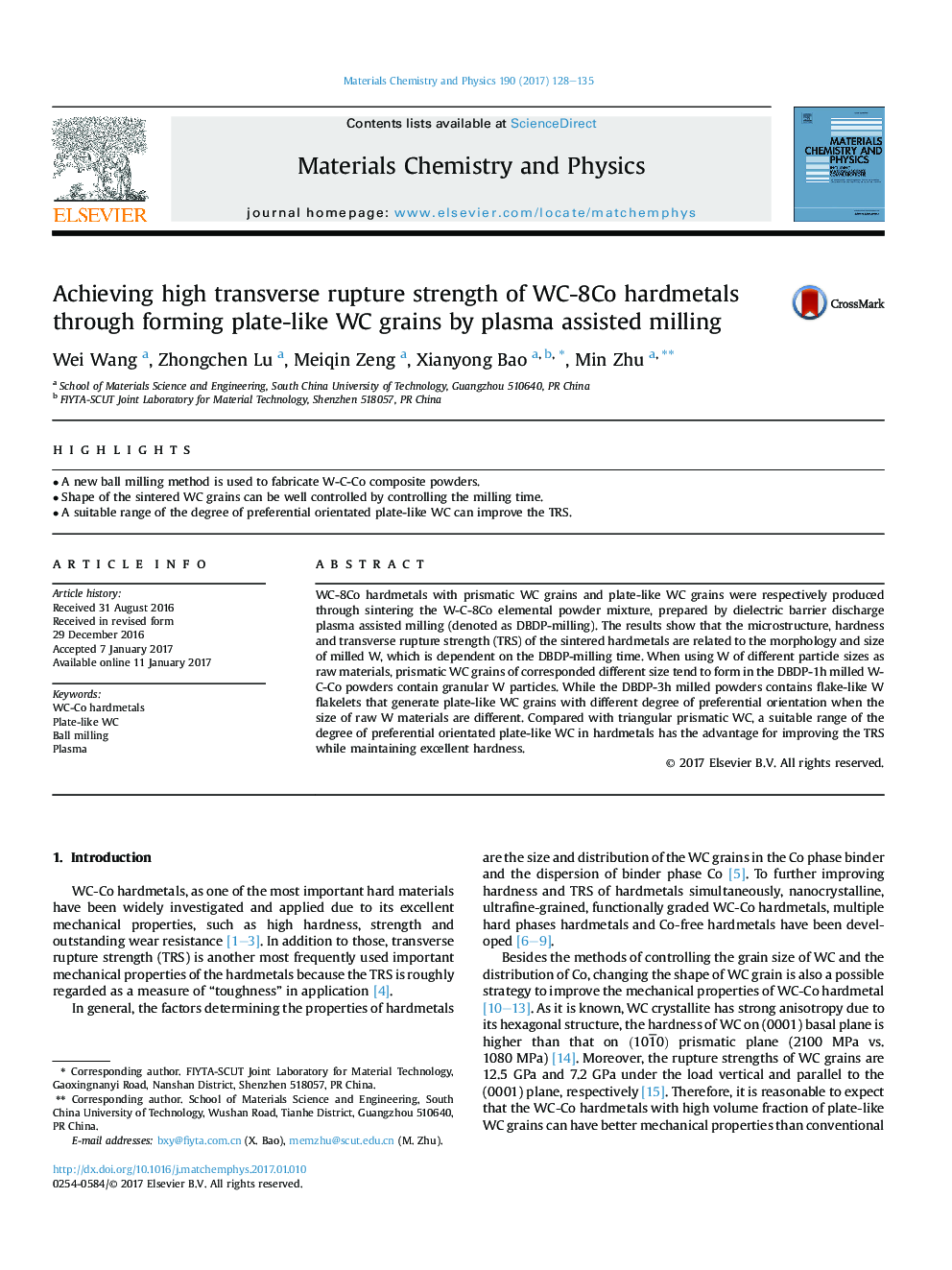Achieving high transverse rupture strength of WC-8Co hardmetals through forming plate-like WC grains by plasma assisted milling