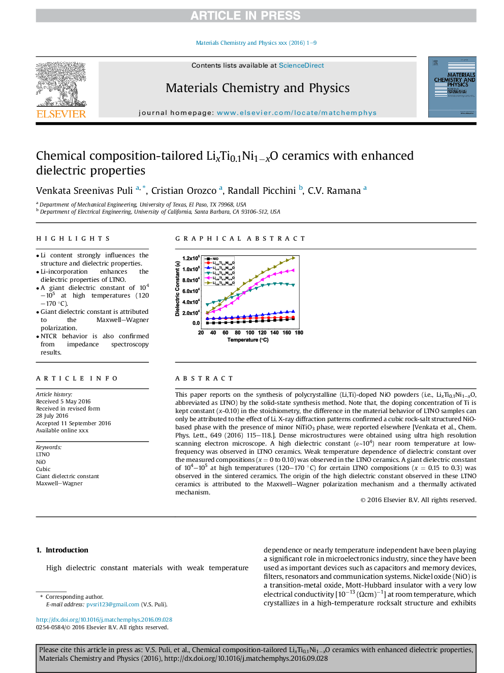 Chemical composition-tailored LixTi0.1Ni1âxO ceramics with enhanced dielectric properties