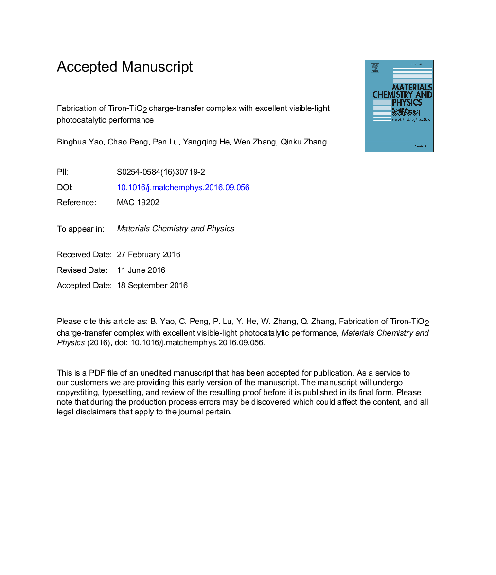 Fabrication of Tiron-TiO2 charge-transfer complex with excellent visible-light photocatalytic performance