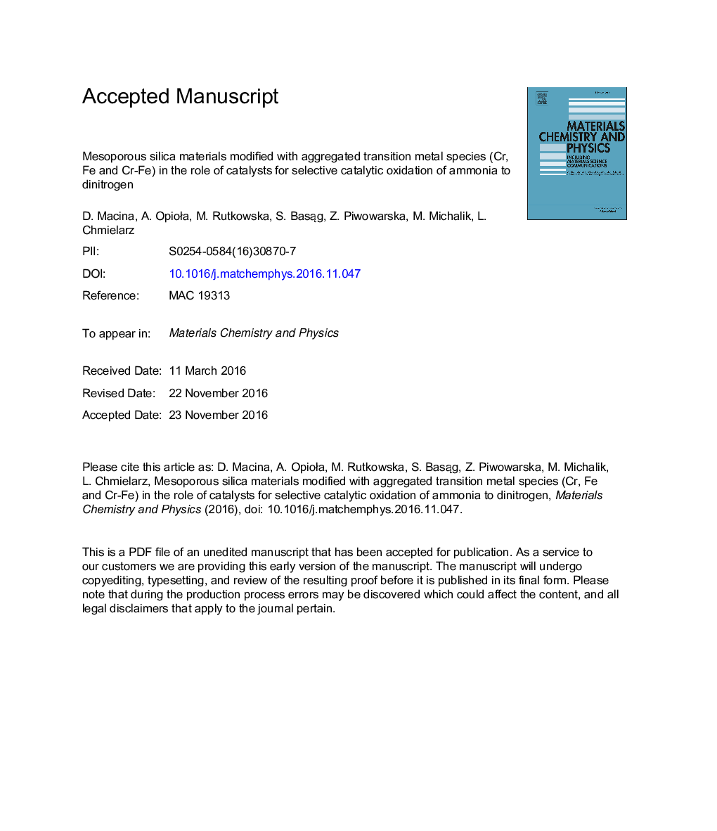 Mesoporous silica materials modified with aggregated transition metal species (Cr, Fe and Cr-Fe) in the role of catalysts for selective catalytic oxidation of ammonia to dinitrogen