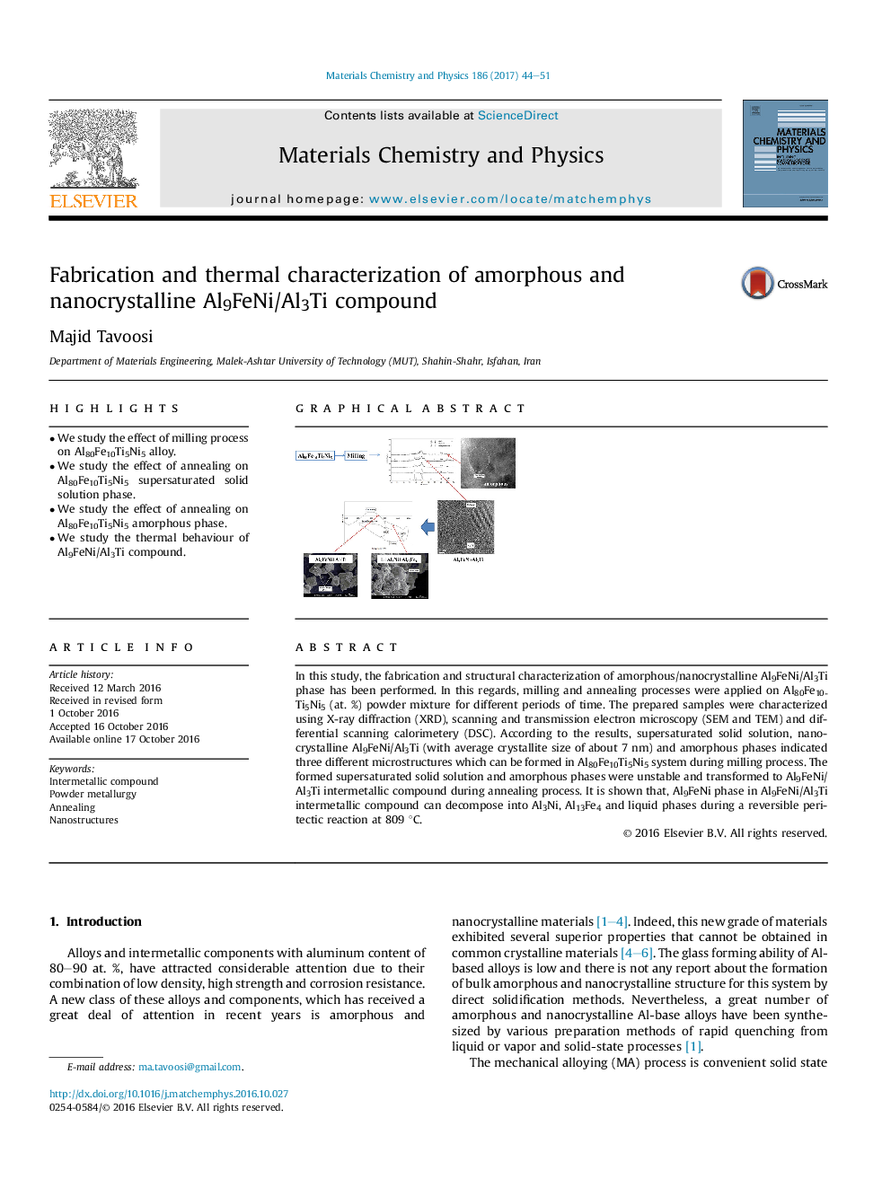 Fabrication and thermal characterization of amorphous and nanocrystalline Al9FeNi/Al3Ti compound