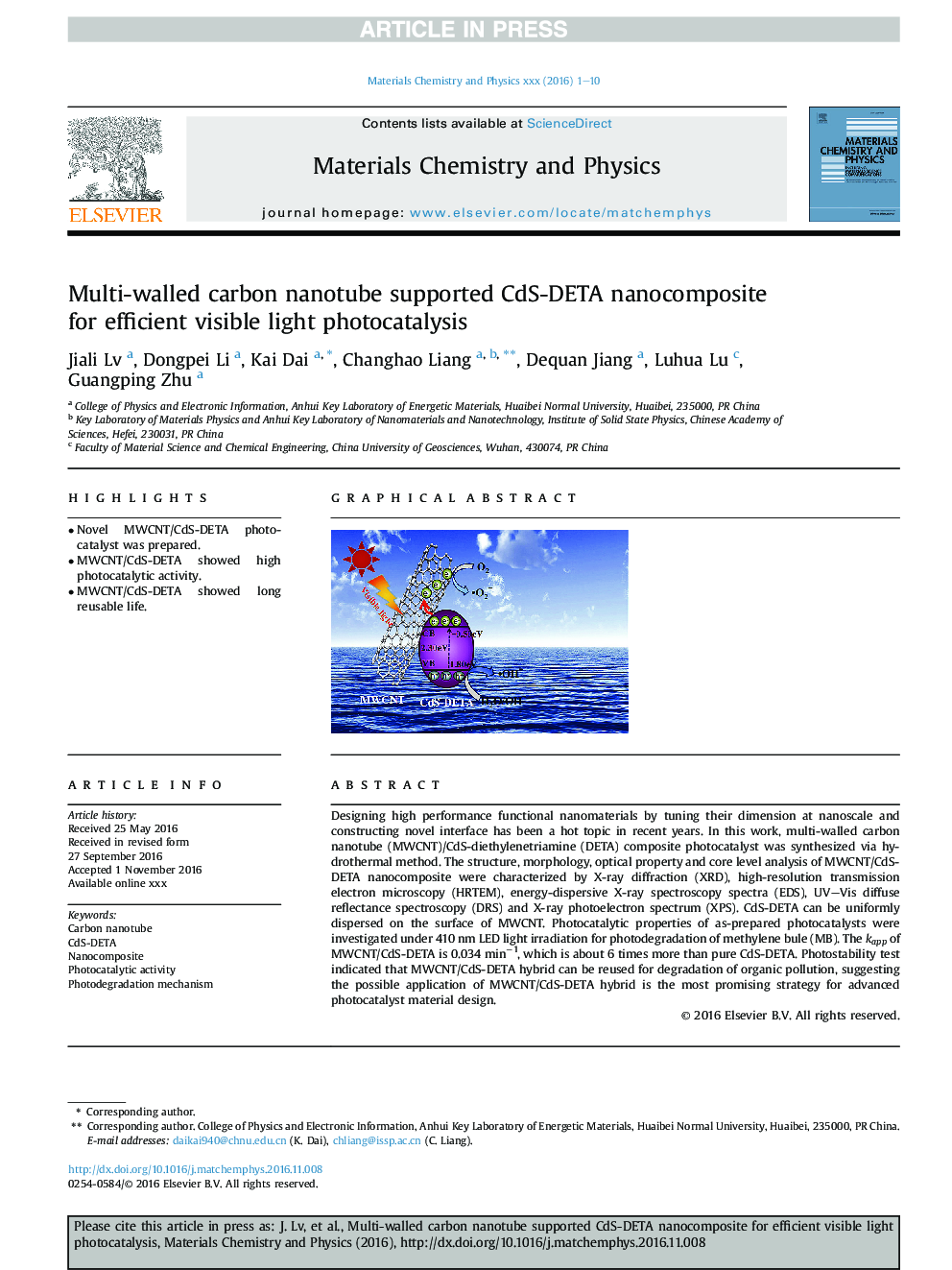 Multi-walled carbon nanotube supported CdS-DETA nanocomposite for efficient visible light photocatalysis