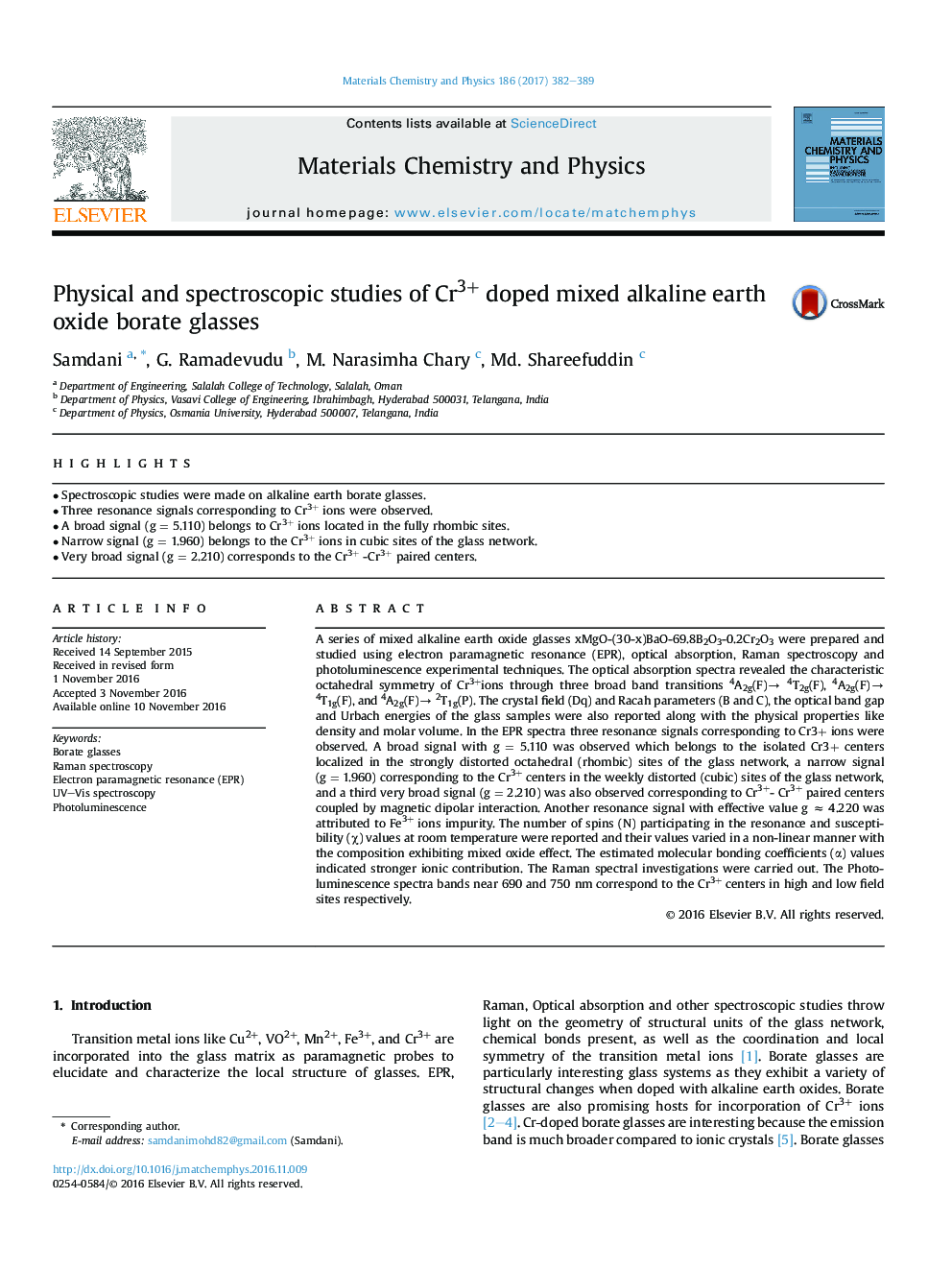 Physical and spectroscopic studies of Cr3+ doped mixed alkaline earth oxide borate glasses