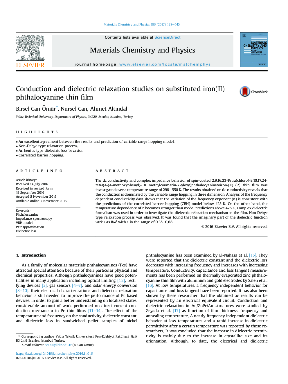 Conduction and dielectric relaxation studies on substituted iron(II) phthalocyanine thin film