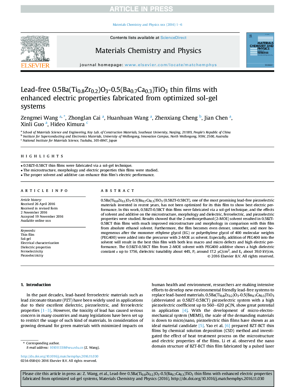 Lead-free 0.5Ba(Ti0.8Zr0.2)O3-0.5(Ba0.7Ca0.3)TiO3 thin films with enhanced electric properties fabricated from optimized sol-gel systems