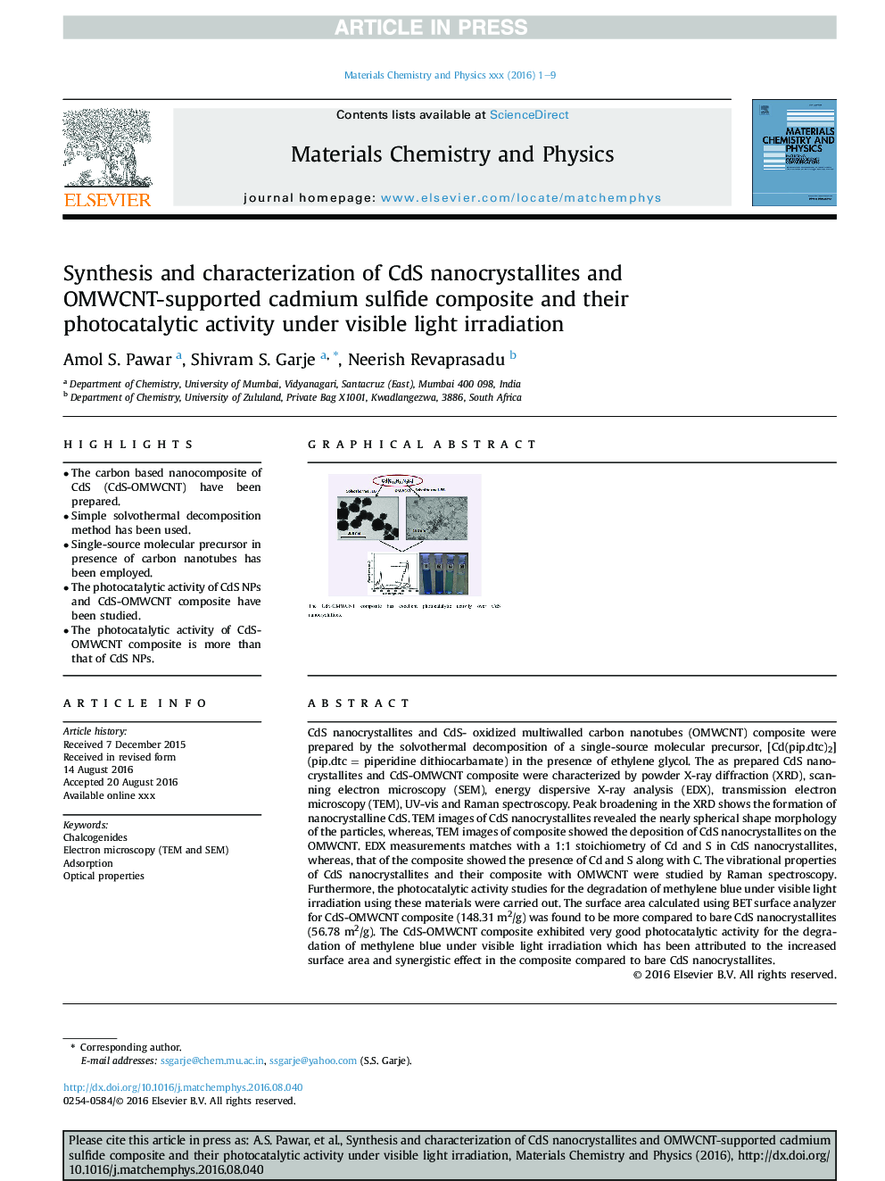 Synthesis and characterization of CdS nanocrystallites and OMWCNT-supported cadmium sulfide composite and their photocatalytic activity under visible light irradiation