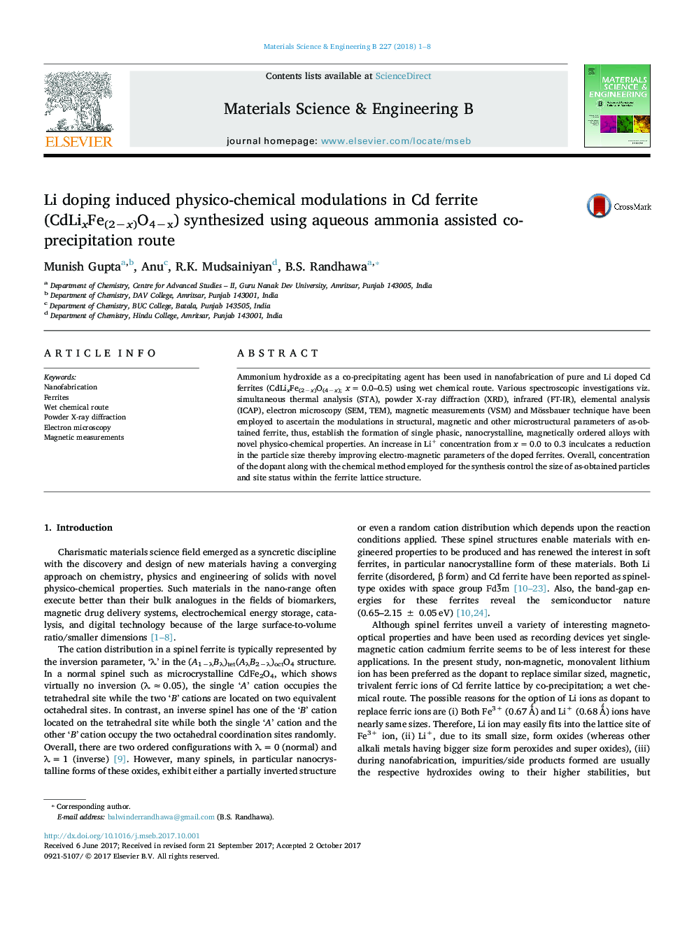 Li doping induced physico-chemical modulations in Cd ferrite (CdLixFe(2âx)O4âx) synthesized using aqueous ammonia assisted co-precipitation route