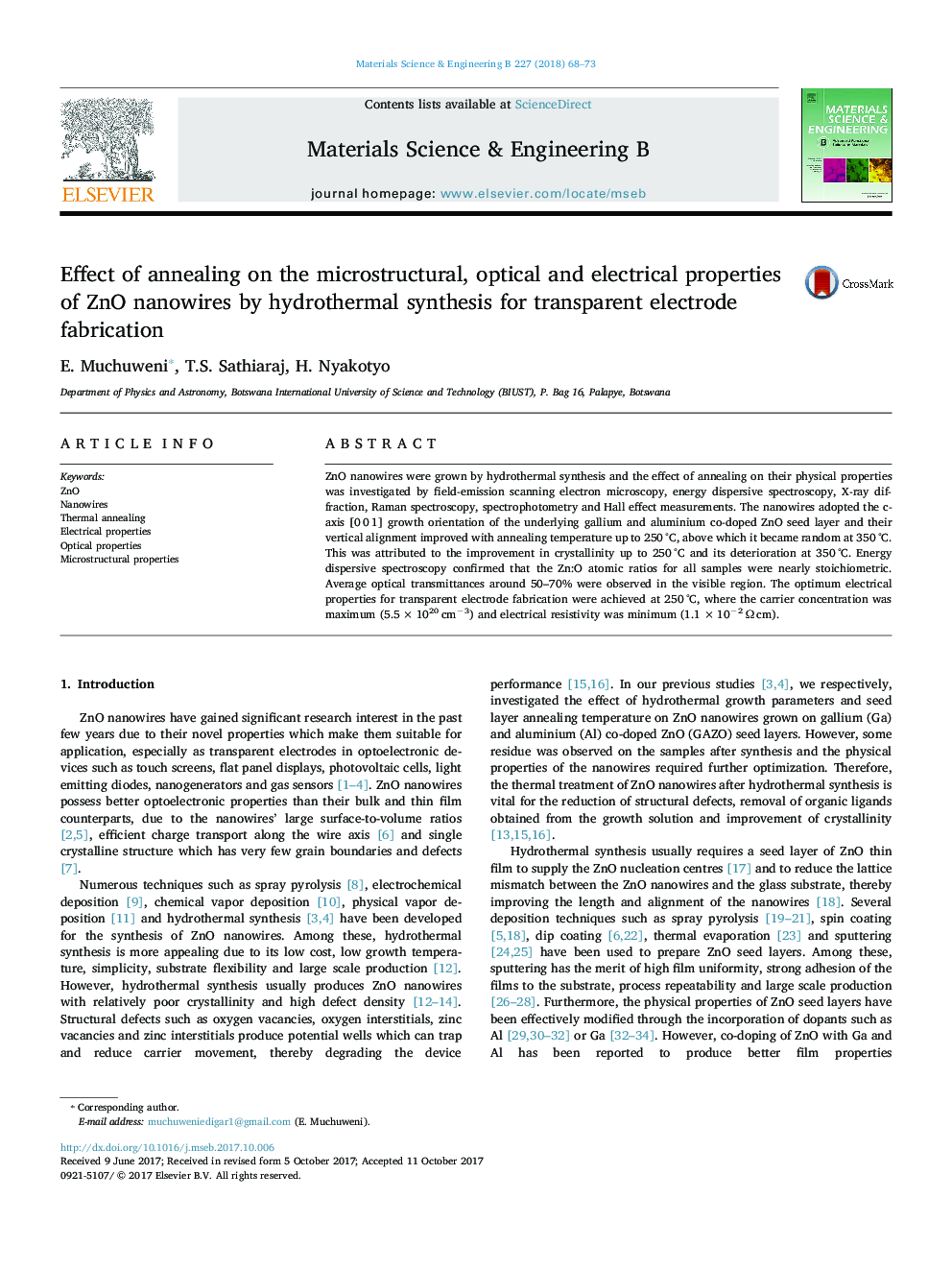 Effect of annealing on the microstructural, optical and electrical properties of ZnO nanowires by hydrothermal synthesis for transparent electrode fabrication