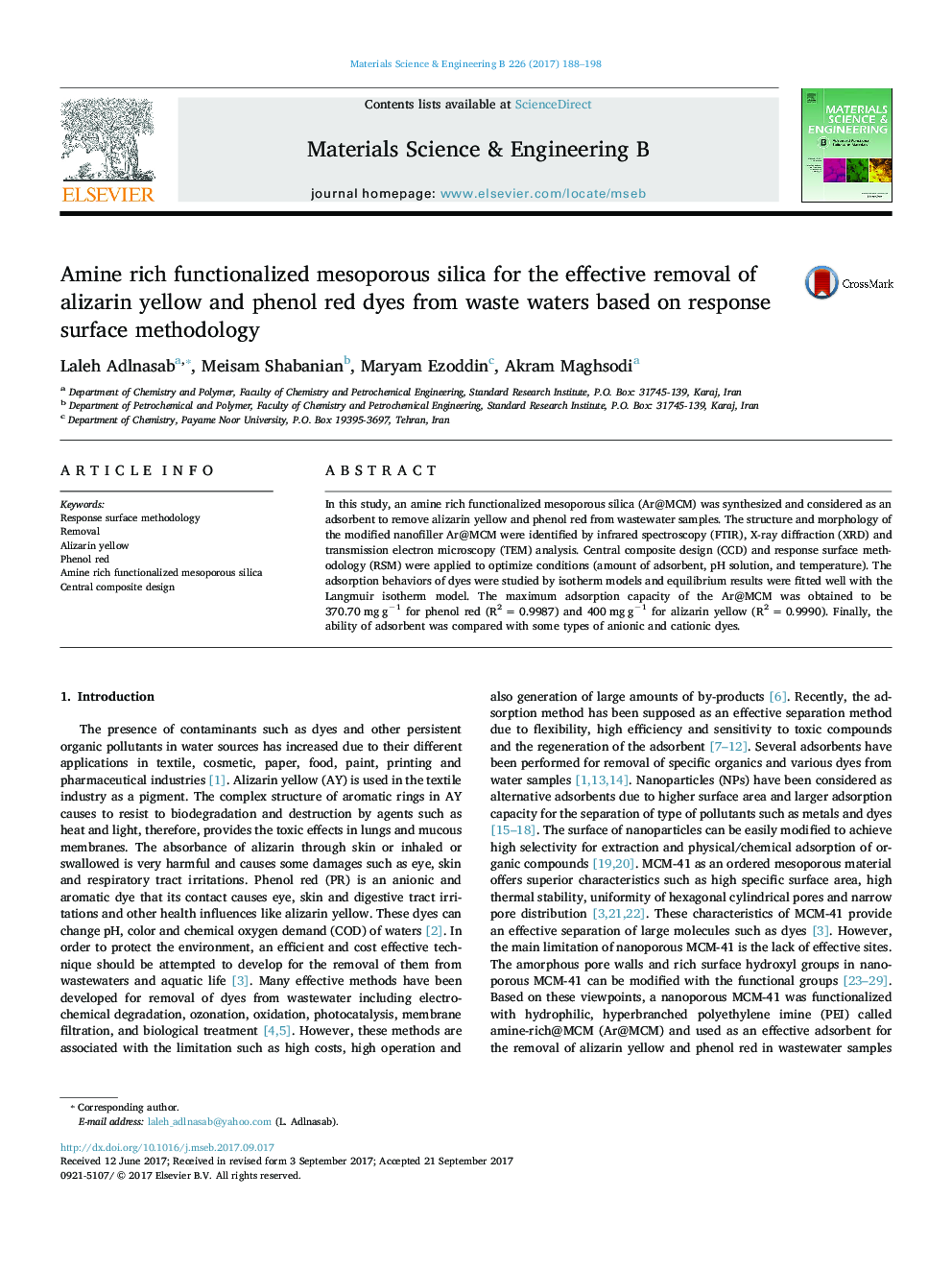 Amine rich functionalized mesoporous silica for the effective removal of alizarin yellow and phenol red dyes from waste waters based on response surface methodology