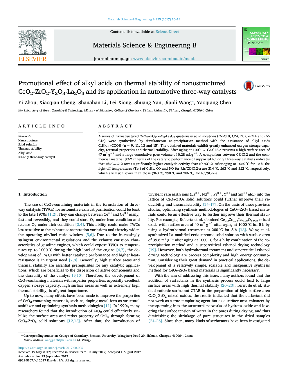 Promotional effect of alkyl acids on thermal stability of nanostructured CeO2-ZrO2-Y2O3-La2O3 and its application in automotive three-way catalysts