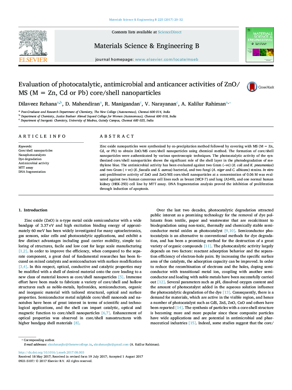 Evaluation of photocatalytic, antimicrobial and anticancer activities of ZnO/MS (MÂ =Â Zn, Cd or Pb) core/shell nanoparticles