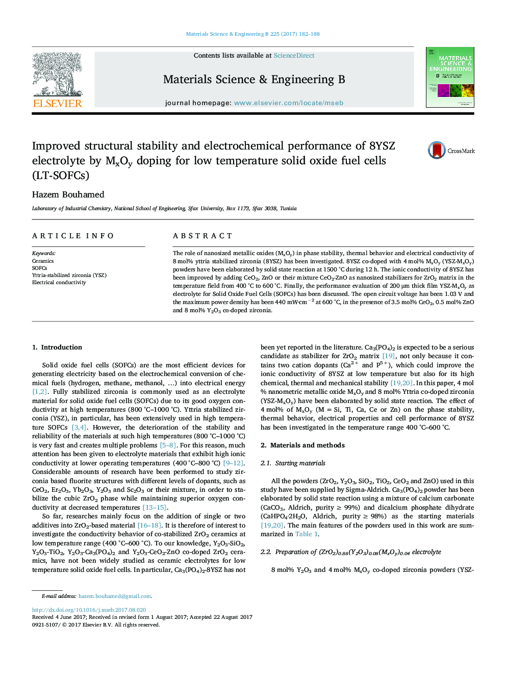 Improved structural stability and electrochemical performance of 8YSZ electrolyte by MxOy doping for low temperature solid oxide fuel cells (LT-SOFCs)