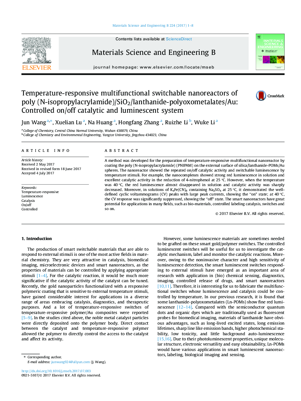 Temperature-responsive multifunctional switchable nanoreactors of poly (N-isopropylacrylamide)/SiO2/lanthanide-polyoxometalates/Au: Controlled on/off catalytic and luminescent system