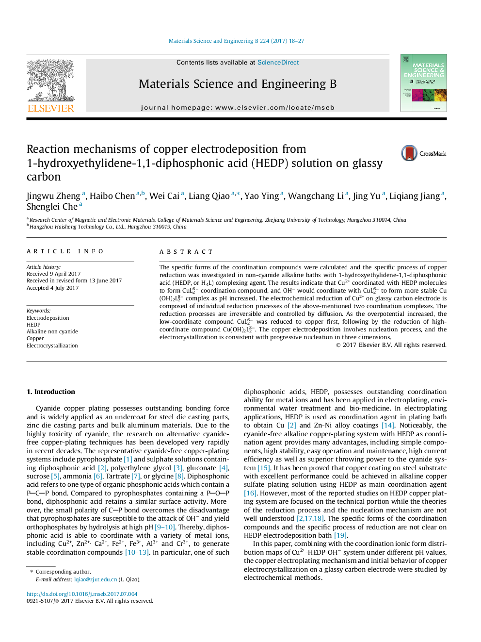 Reaction mechanisms of copper electrodeposition from 1-hydroxyethylidene-1,1-diphosphonic acid (HEDP) solution on glassy carbon