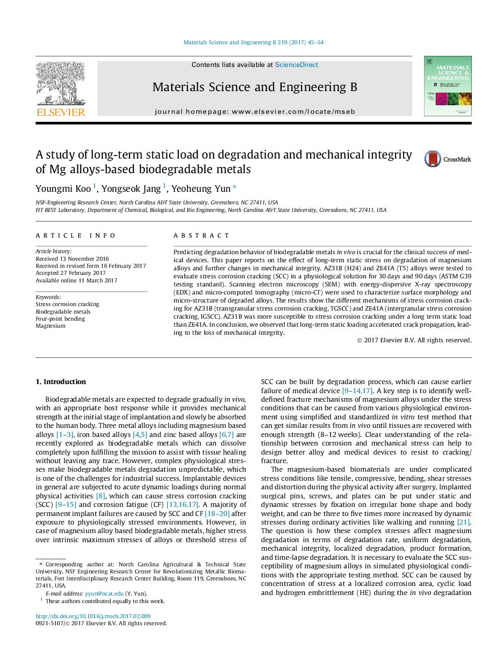 A study of long-term static load on degradation and mechanical integrity of Mg alloys-based biodegradable metals