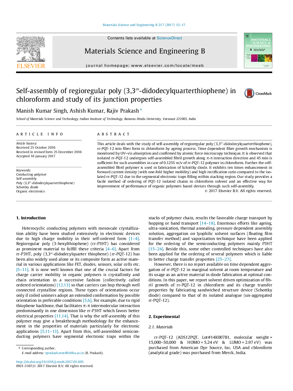 Self-assembly of regioregular poly (3,3â´-didodecylquarterthiophene) in chloroform and study of its junction properties