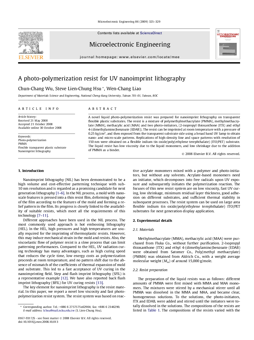عکس صفحه اول مقاله: A photo-polymerization resist for UV nanoimprint lithography A photo-polymerization resist for UV nanoimprint lithography