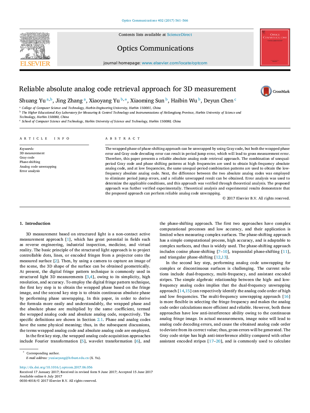 Reliable absolute analog code retrieval approach for 3D measurement