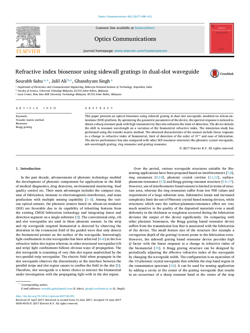 Refractive index biosensor using sidewall gratings in dual-slot waveguide