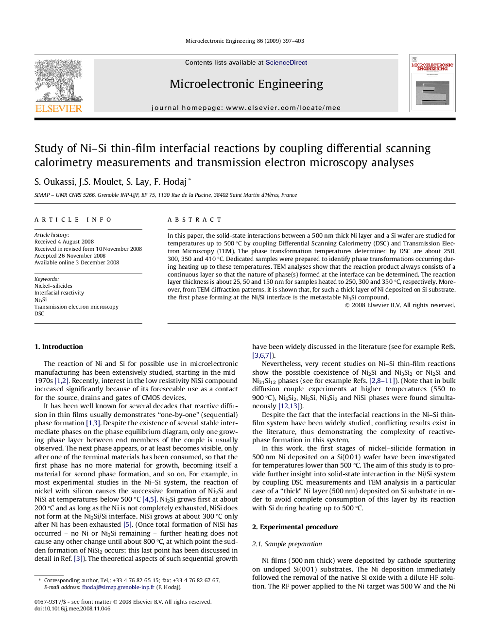 Study of Ni–Si thin-film interfacial reactions by coupling differential scanning calorimetry measurements and transmission electron microscopy analyses