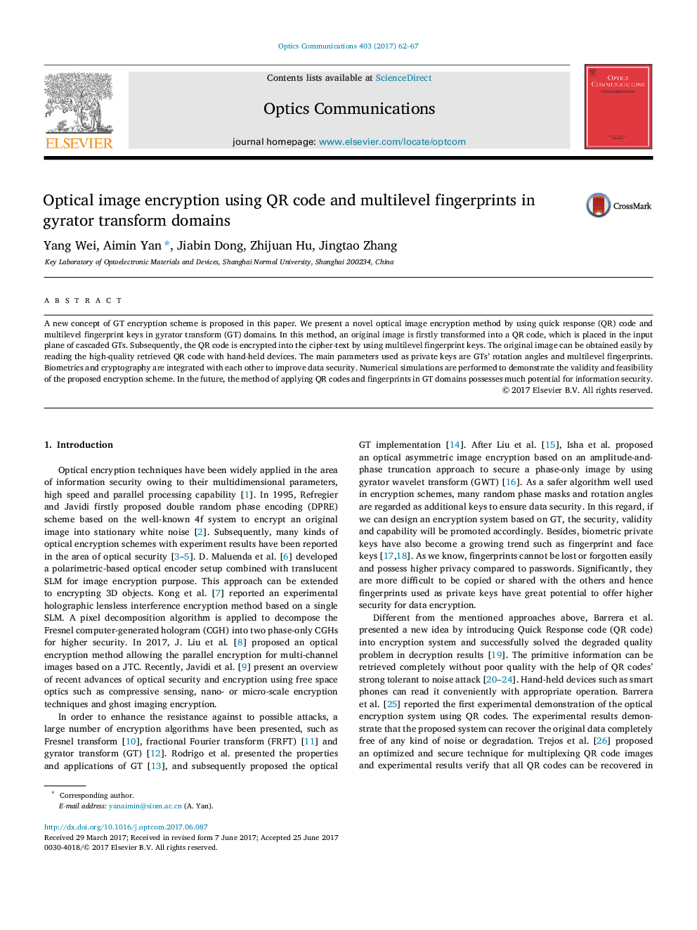 عکس صفحه اول مقاله: Optical image encryption using QR code and multilevel fingerprints in gyrator transform domains Optical image encryption using QR code and multilevel fingerprints in gyrator transform domains