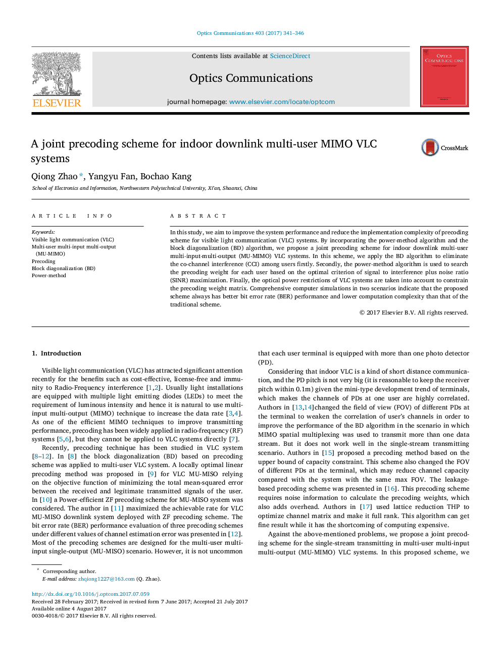 A joint precoding scheme for indoor downlink multi-user MIMO VLC systems