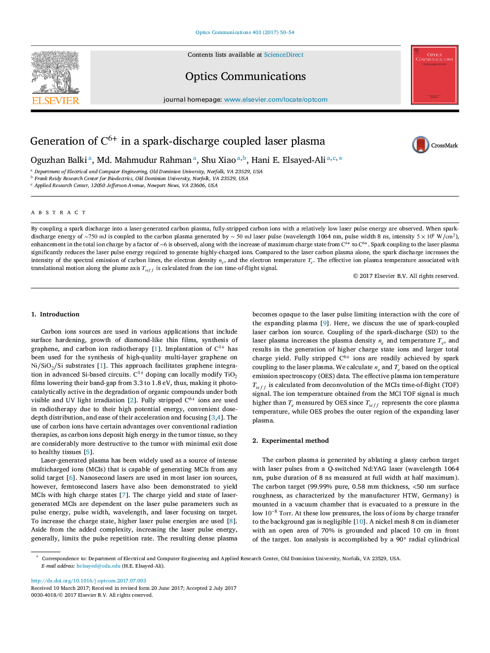 عکس صفحه اول مقاله: Generation of C6+ in a spark-discharge coupled laser plasma Generation of C6+ in a spark-discharge coupled laser plasma