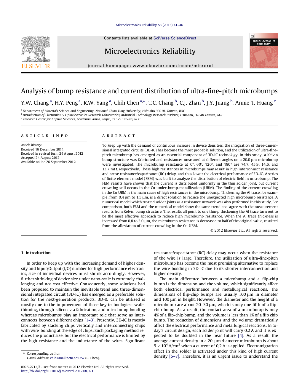 Analysis of bump resistance and current distribution of ultra-fine-pitch microbumps