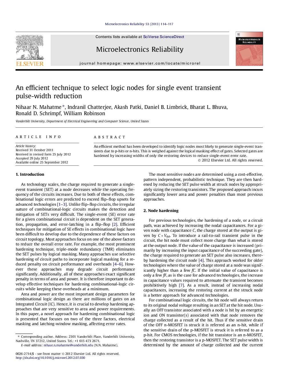An efficient technique to select logic nodes for single event transient pulse-width reduction