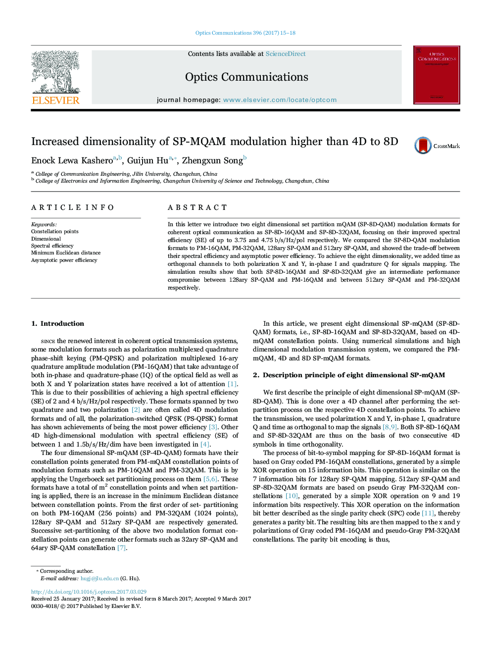 Increased dimensionality of SP-MQAM modulation higher than 4D to 8D