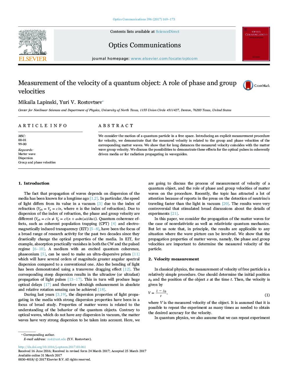 Measurement of the velocity of a quantum object: A role of phase and group velocities